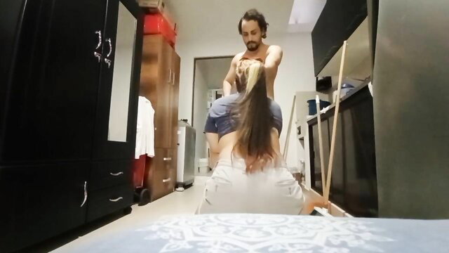 Latina step aunt naked from toilet caught in trap, lifted for sex