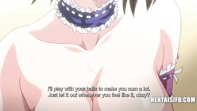 Busty Japanese hentai trap in frilly lingerie gropes balls promising cum