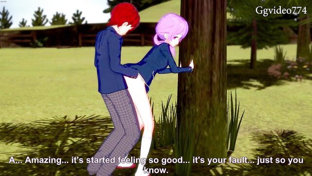 Anime girl bent over tree fucked outdoors by red-haired guy in skirt