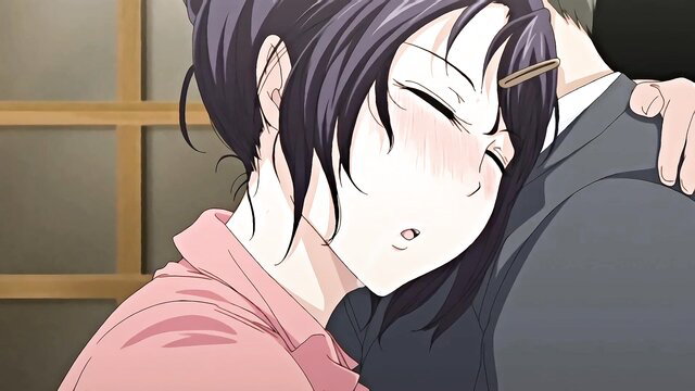 Blushing Japanese wife in pink top embraced by man, netorare JAV scene