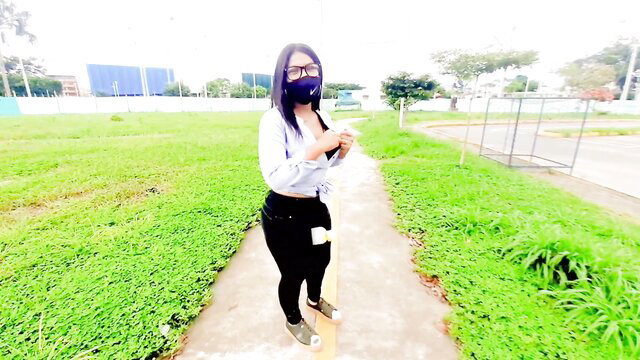 Latina woman in tight leggings and mask at park, amateur public pickup tease