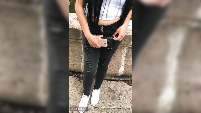 Hot 19yo Mexican teen in ripped jeans and crop top on bridge, public amateur tease