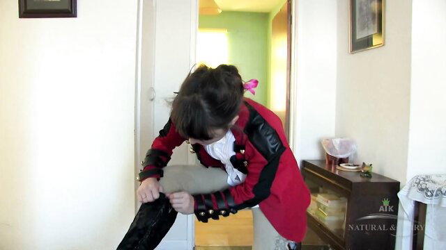 Amber Fun in red cosplay jacket lifts skirt flashing hairy pussy