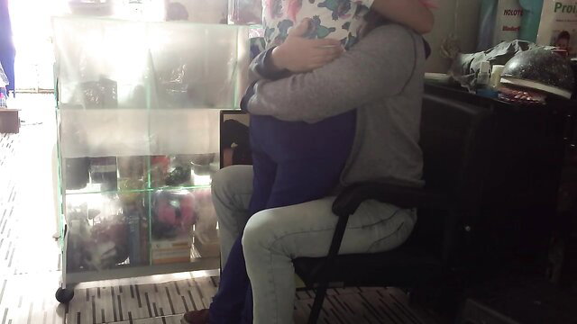 Stepsis hugged from behind by guy on chair in shop, creampie risk