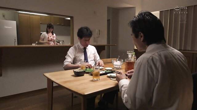 Japanese wife in kitchen watches cuckold husband eat at table