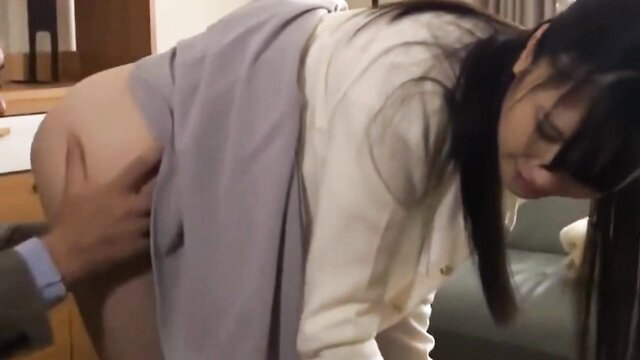 Young Japanese housewife bent over fucked by older man