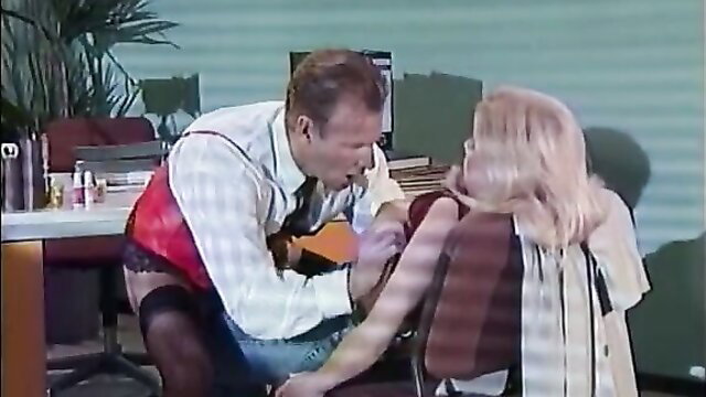 Gina Wild seduced in salon chair by man, stockings upskirt tease