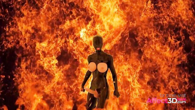 Young kinky futanari in latex mask wielding huge cock amid flames, 3D animation