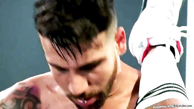 Trent King sweaty Latino hunk in boxing gear closeup face view