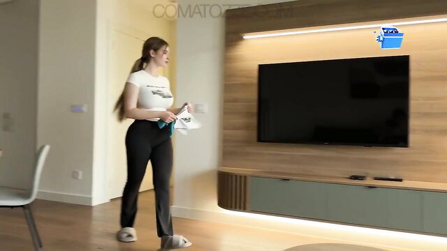 Cute teen in tight white tee and pants holding bag POV tease