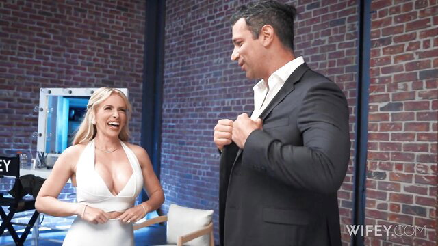 Danielle Renae in tight white dress flirts with suited stud on wedding night