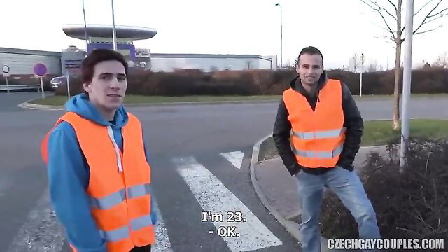 Two young Czech hunks in hi-vis vests outdoors, Czech Hunter Duo