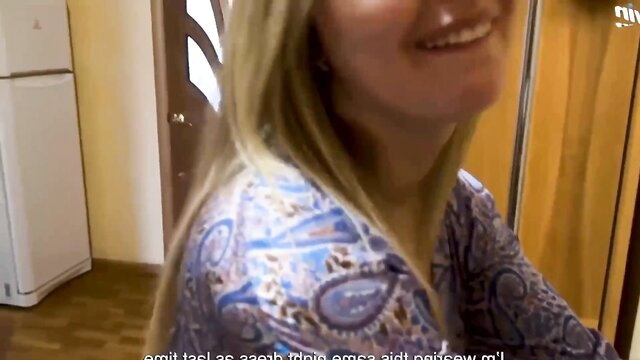 Blonde in paisley top smiles in steamy stepmom threesome with Naomi Nevena