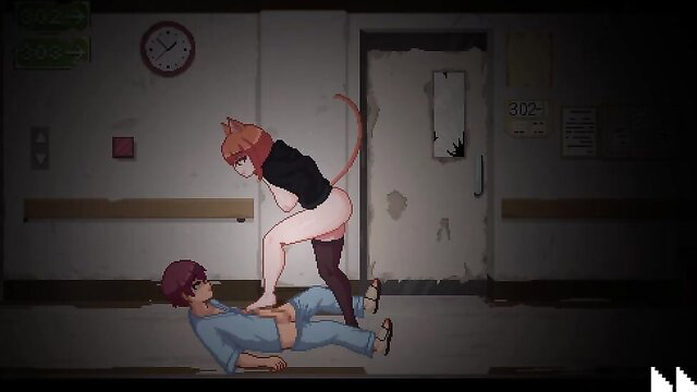 Catgirl nurse in stockings rides guy in hospital room