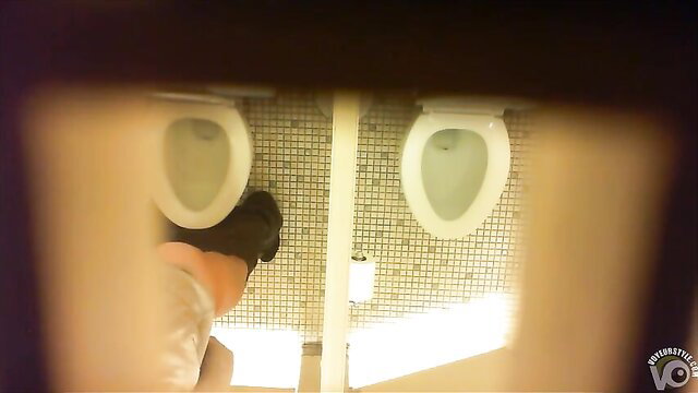 Desperate milf squatting over toilet in ladies room piss video