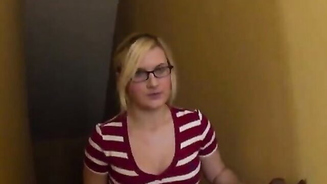 Blonde MILF in striped top smiles talking closeup, amateur mom tease