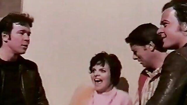 High School Fantasies 1973 vintage porn: teen girl with 4 leather jacket guys laughing