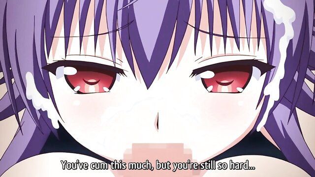 Purple-haired hentai girl with cum on face, taped mouth, red eyes closeup