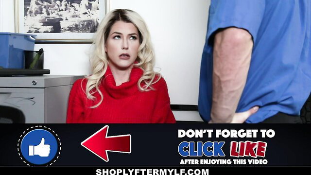 Blonde MILF Kit Mercer shocked in red sweater with man in office