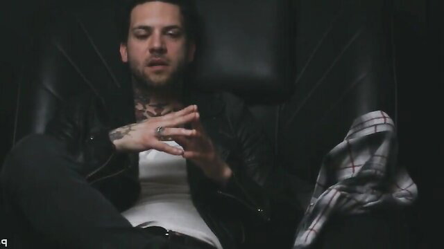 Tattooed man in leather jacket gestures in Chanel Preston Lily Labeau anal hardcore