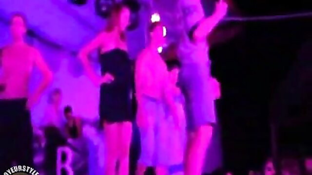 Mixed group couples naughty stage games, women in dresses men topless