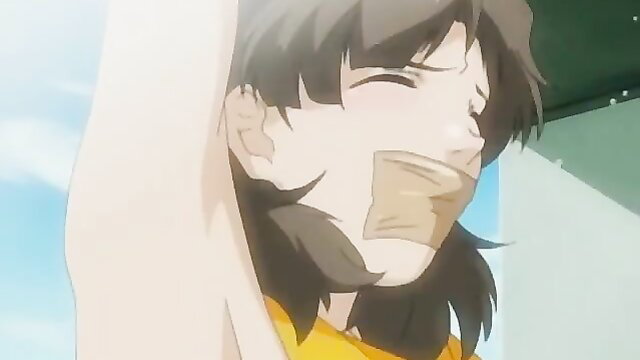 Anime young housewife gagged with tape, tied up, flushed face in JAV hentai