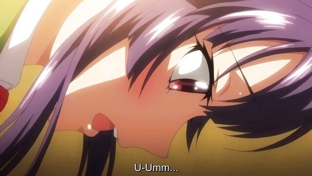 Blushing busty purple-haired hentai student Chizuru-chan begs shyly for teacher's cock