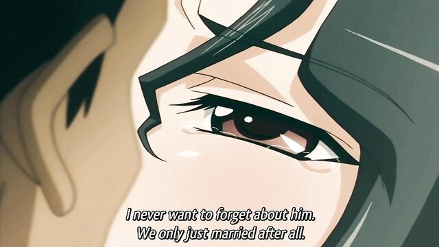 Closeup of teary tsundere hentai girl's intense eyes vowing never to forget her new husband