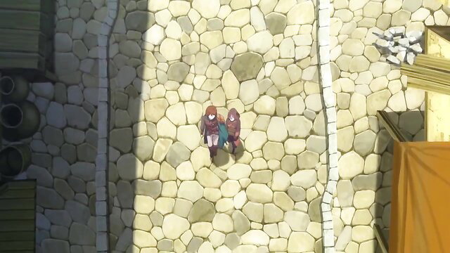 Two anime girls in short dresses stand on stone path, Redo of Healer hentai