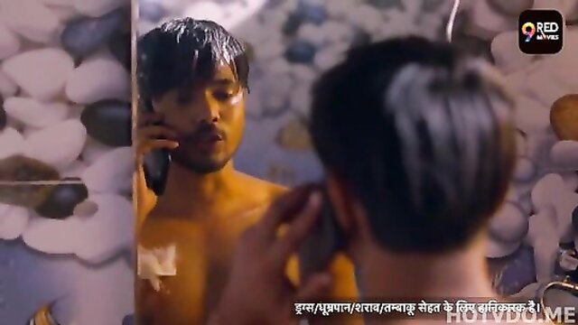 Indian man shirtless in mirror selfie, wet hair, trimming beard hot web series
