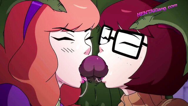 Velma and Daphne hentai kiss monster cock closeup