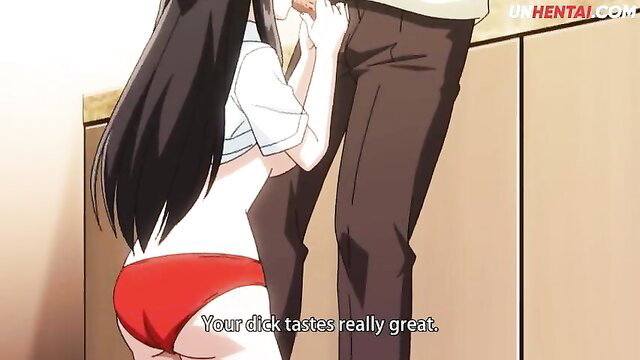 Hentai girl with long black hair sucks cock from behind in red panties