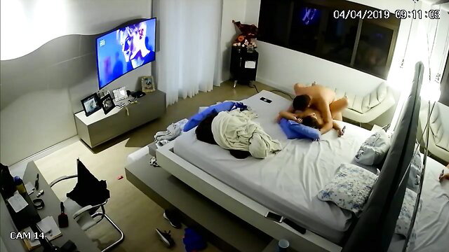 Fat Latina rides cock cowgirl in bed, passionate sex closeup