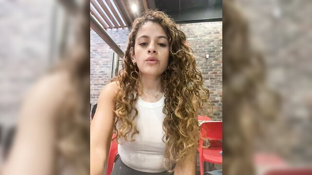 Alana15 curvy petite brunette in tight white tank top, teasing selfie