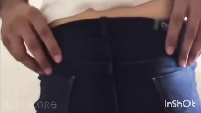 Sri Lankan man gripping tight jeans over hips, teasing amateur couple foreplay