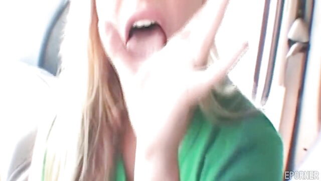 Blonde babe sticks out tongue in car, hot dick sucking tease