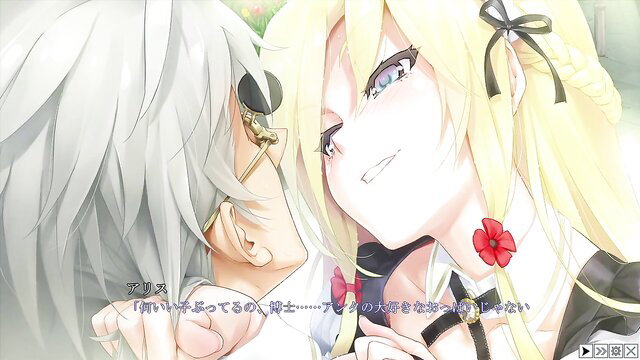 Blonde anime girl with red flower in yellow dress kisses silver-haired man close-up