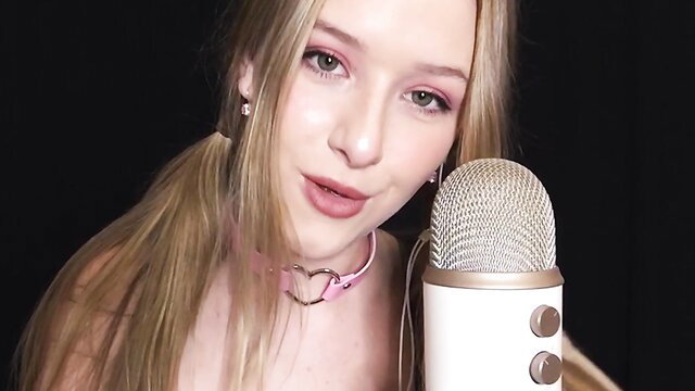 Blonde ASMR girl in choker licks lips at mic in sexy Diddly NSFW body worship thumbnail