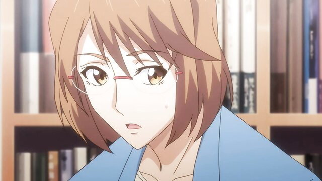 Nerdy office girl with glasses and bob haircut in blue jacket, romantic gaze