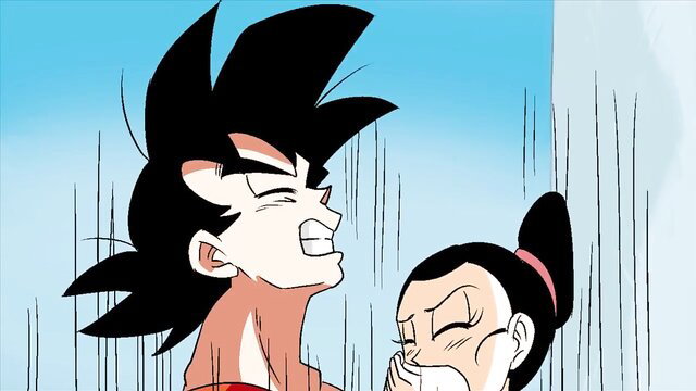 Chichi on knees sucking Goku's cock in Dragon Ball hentai reunion
