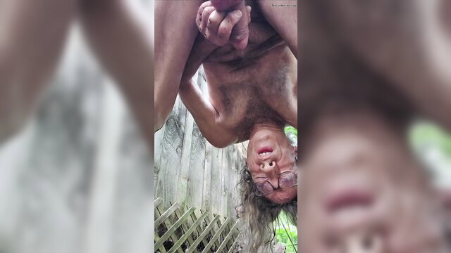Hairy older man hangs upside down, pisses in mouth, CBT ballbusting