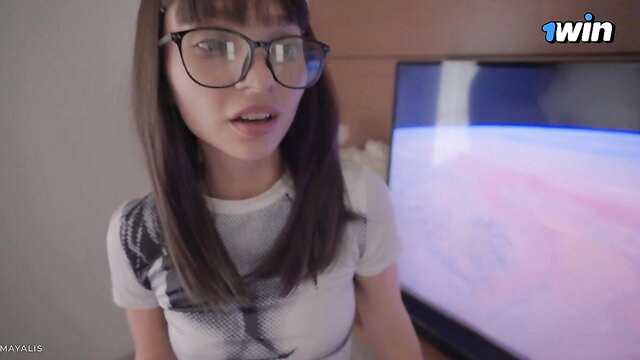 Cute Asian stepsis in glasses smiles before date, big booty plug tease