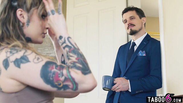 Tattooed Latina Vanessa Vega with suited husband in kinky setup