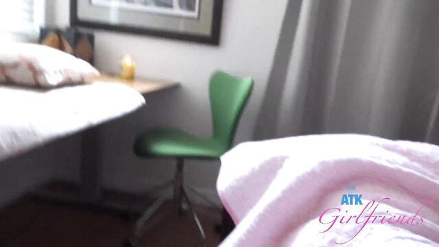 Amateur babe footjob blowjob POV foot fetish on pink sheets