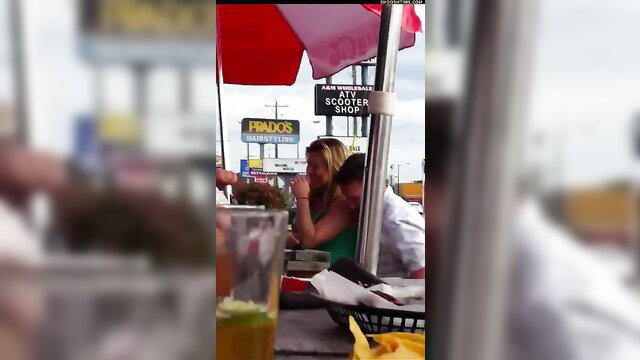 Blonde GF fingered by BF at outdoor Pita Inn table, public thrill