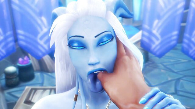 Blue-skinned horned alien babe licks thick black cock in POV closeup