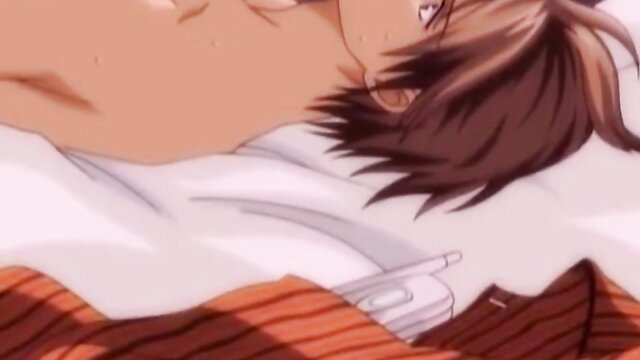 Anime boy lying nude in bed, exposed chest, intense expression OVA hentai