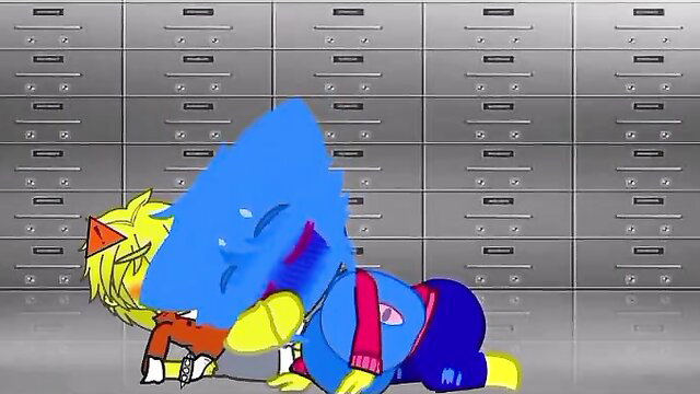 Blue Huggy Wuggy woman fucked doggystyle by yellow stud in shelves room