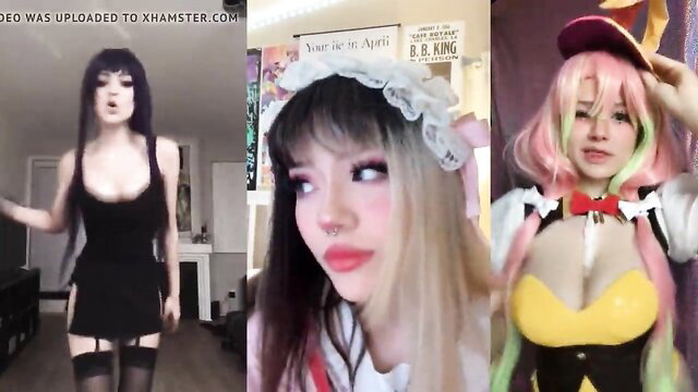Three cosplay girls in lingerie, black dress, maid outfit teasing in SPH video