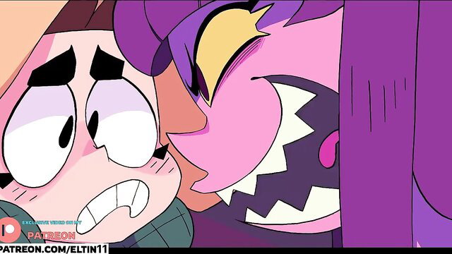 Purple futa with sharp teeth gets blowjob from scared cartoon girl closeup